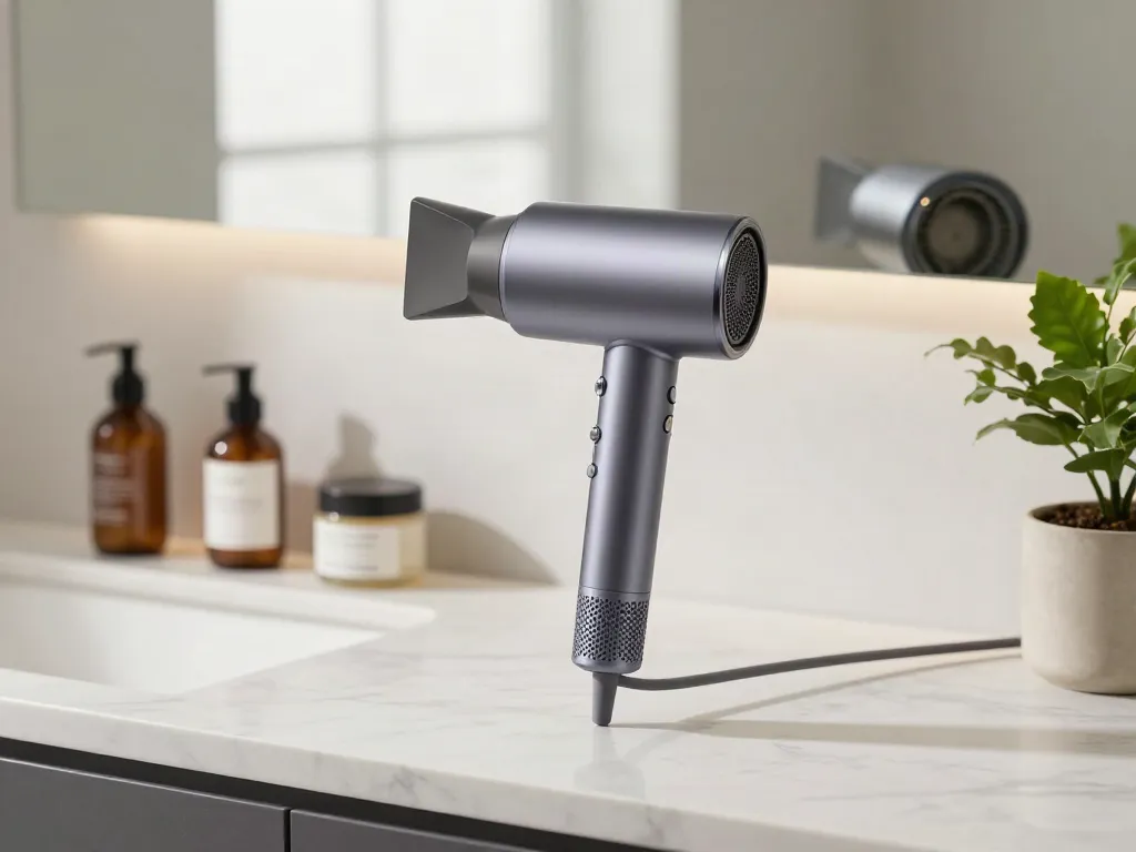 Moderne Badezimmer-Szene mit Ionen-Haartrockner und eleganten Pflegeprodukten.