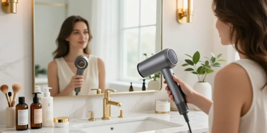 Haartrockner auf marmoriertem Waschtisch, Frau trocknet Haare mit luxuriösem Haarstyling-Produkt.