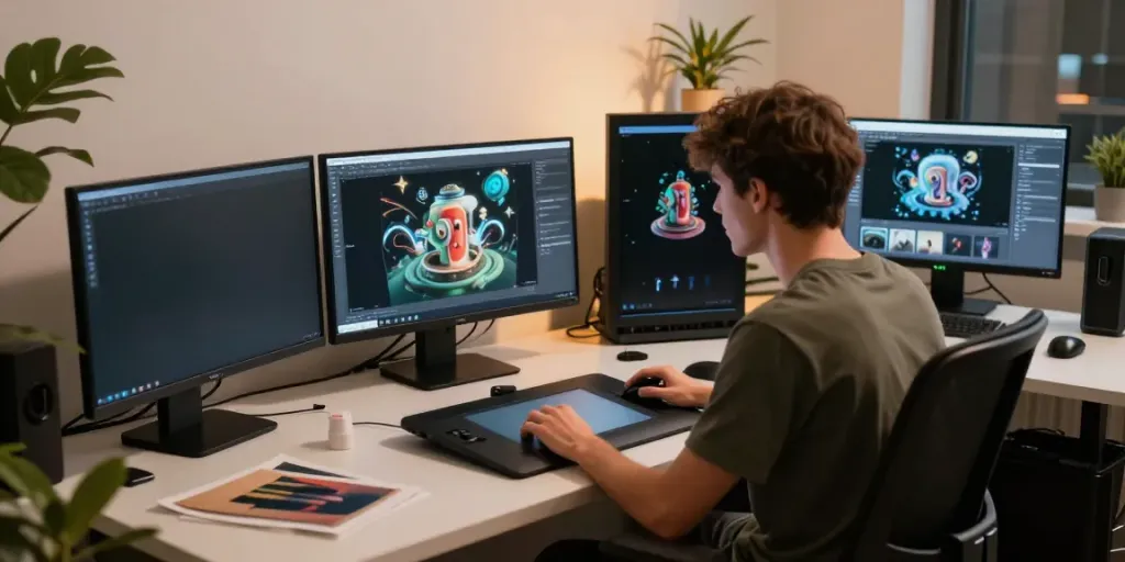 Creative individual using 18+ AI image generator in a modern tech studio.