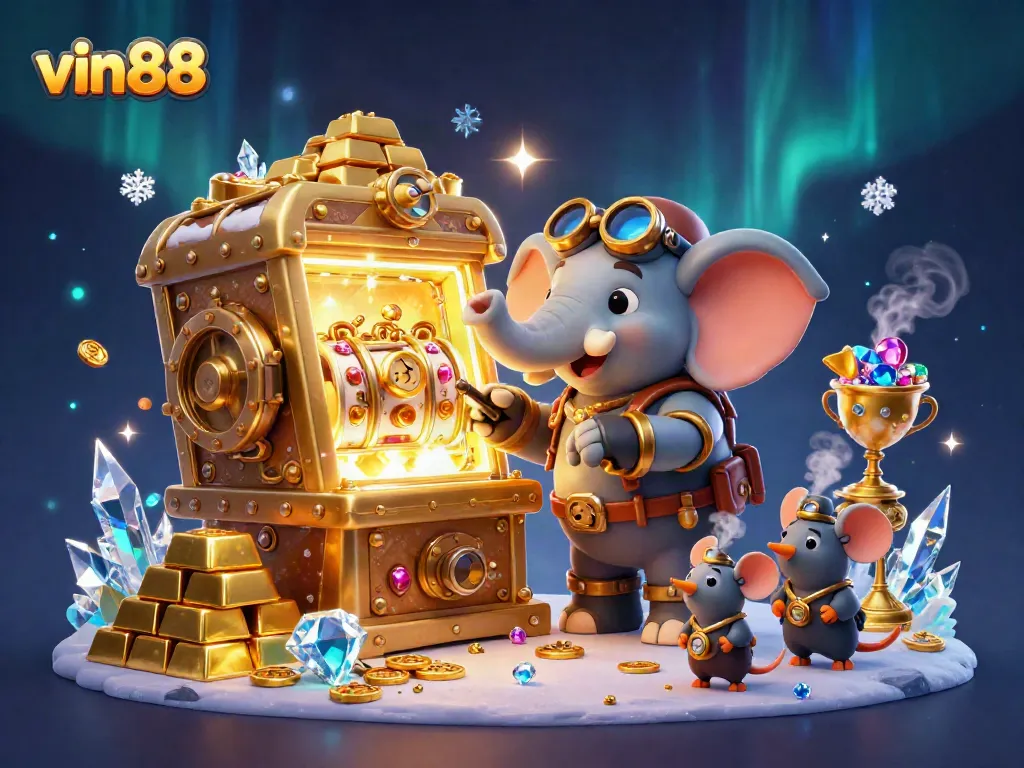 Experience thrilling wins at vin88 with a steampunk elephant engineer operating a golden slot machine amid riches.