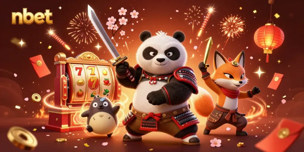 Experience the thrill of nbet online casino with a vibrant scene featuring a samurai panda, ninja fox, and magical tanuki