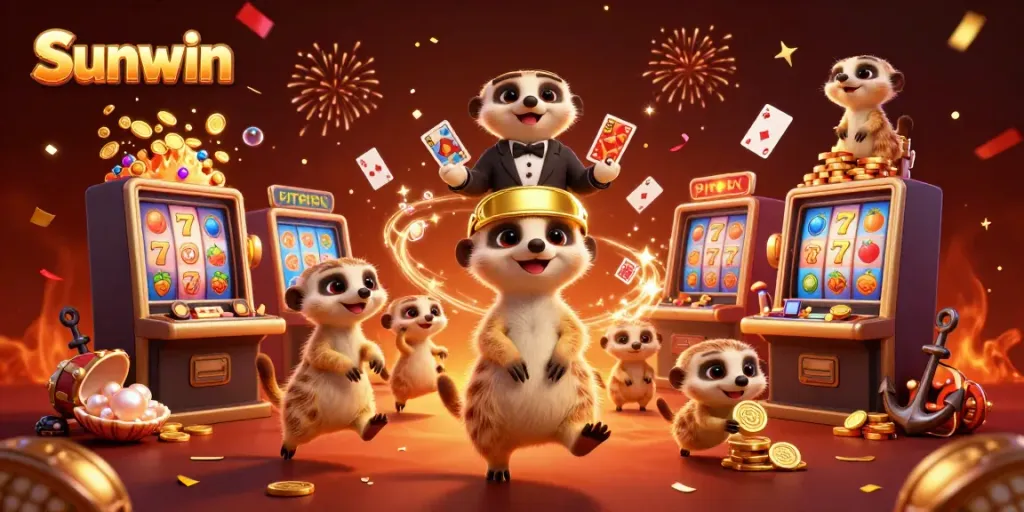 Sunwin offers thrilling action as meerkats manage a vibrant casino filled with slot machines and game elements.