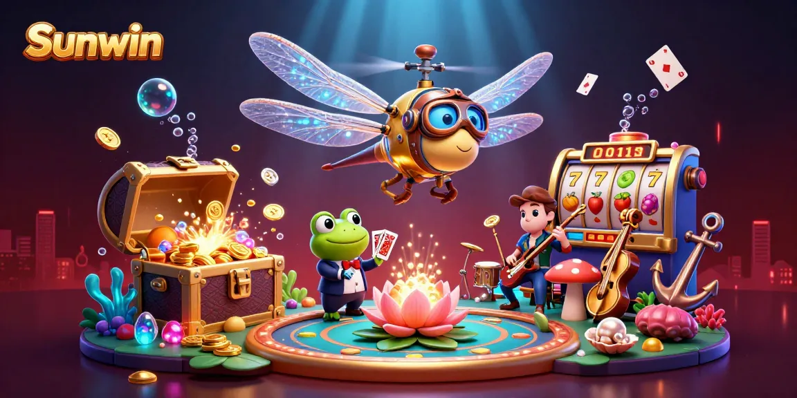 Sunwin casino illustration featuring a dragonfly pilot and a frog dealer in a vibrant lily pad setting