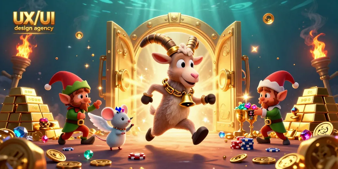 Engaging scene of a 3D cartoon Krampus goat at a holiday casino, illustrating UX/UI design agency's creativity.