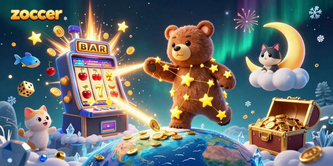 Zoccer showcases a vibrant 3D casino scene with golden stars, coins, and slot machines bursting with excitement.